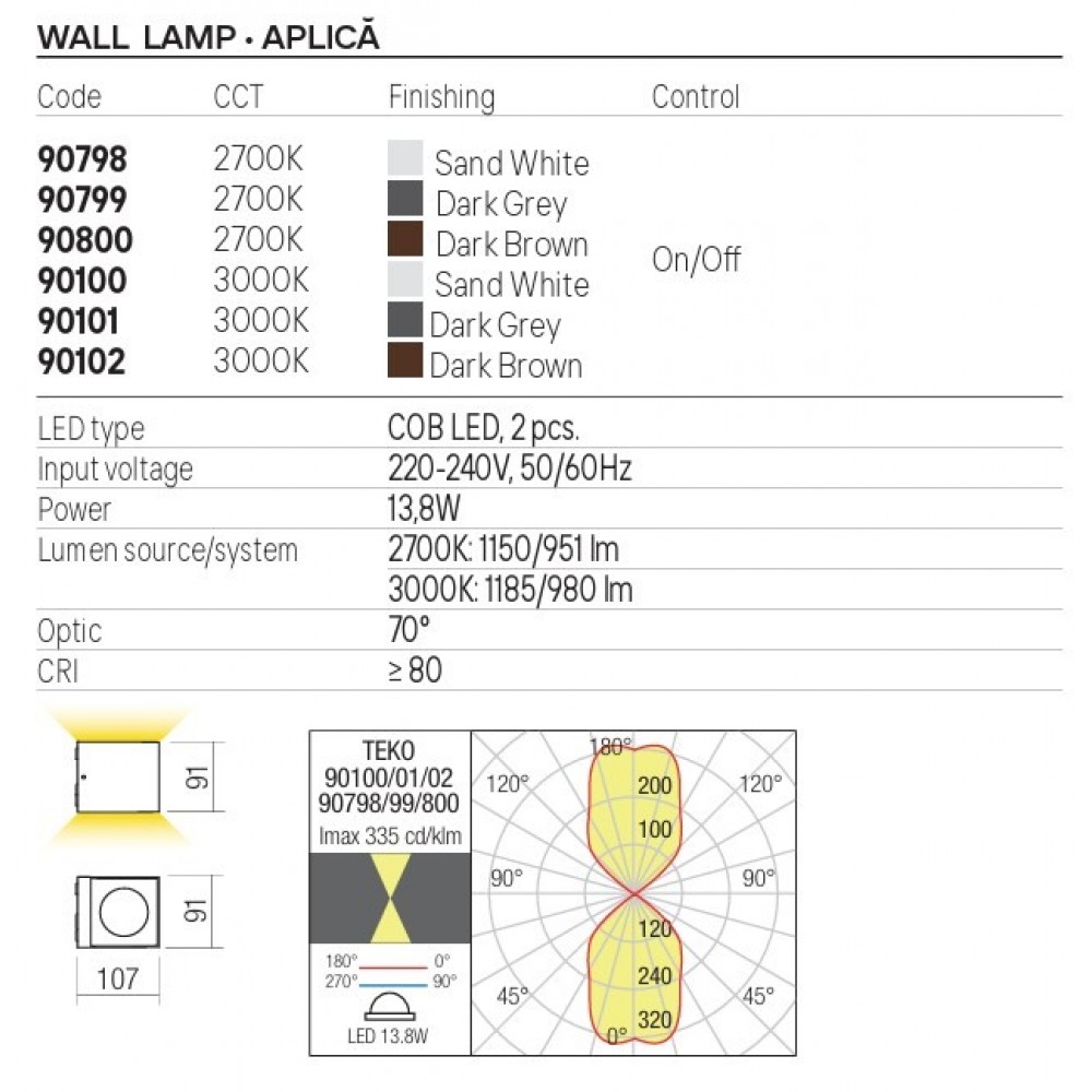 Wall lamp Redo Teko, metal, sand white, LED, 13,8W, 980 lumens, warm white 3000K, H.9 cm, IP65