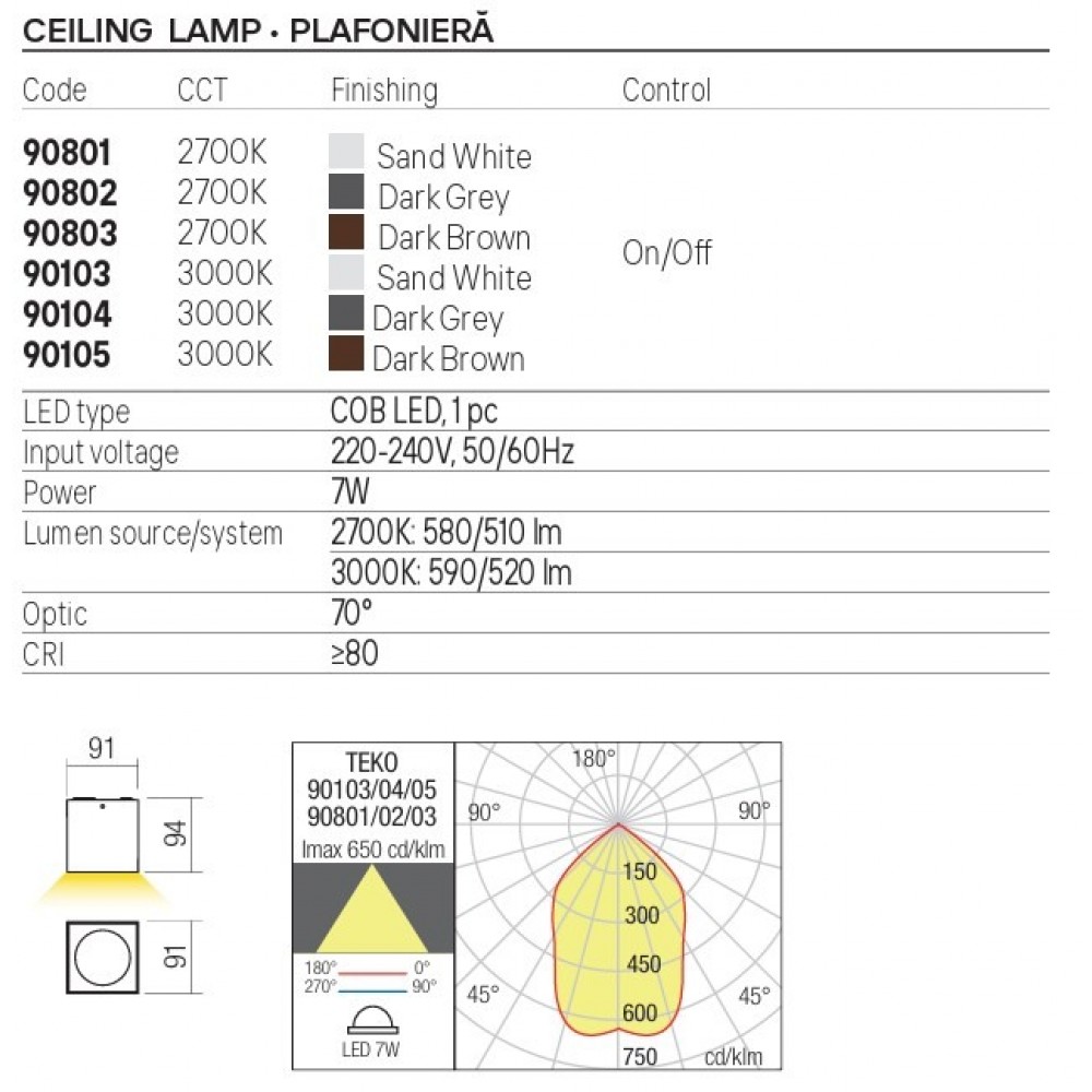 Ceiling lamp Redo Teko, metal, dark grey, LED, 7W, 520 lumens, warm white 3000K, H.9 cm, IP65