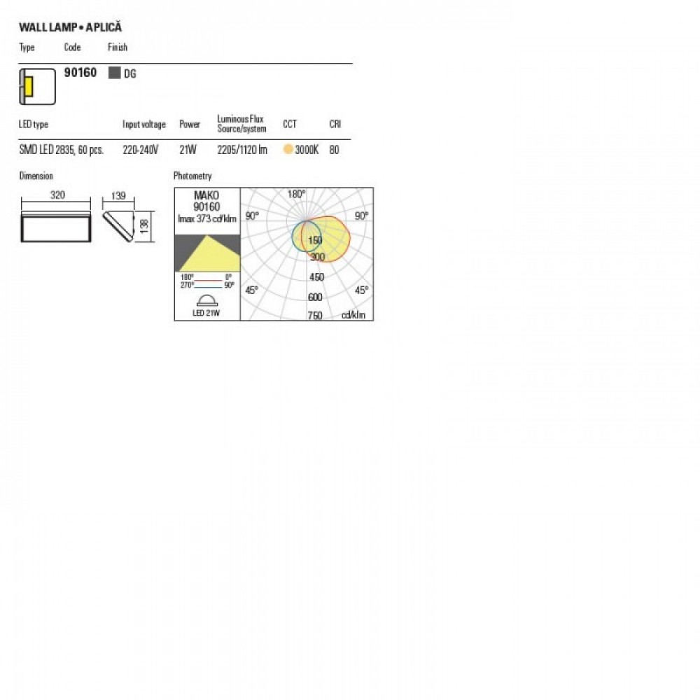 Wall lamp Redo Mako, ABS, dark grey, LED, 21W, 1120 lumens, warm white 3000K, L.32 cm, IP65