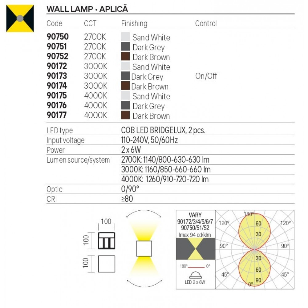 Wall lamp Redo Vary, metal, dark grey, LED, 2X6W, 660 lumens, warm white 3000K, H.10 cm, IP54