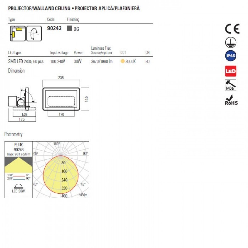 Miniprojector Redo Flux, metal, dark grey, LED, 30W, 1980 lumens, warm white 3000K, L.23 cm, IP65