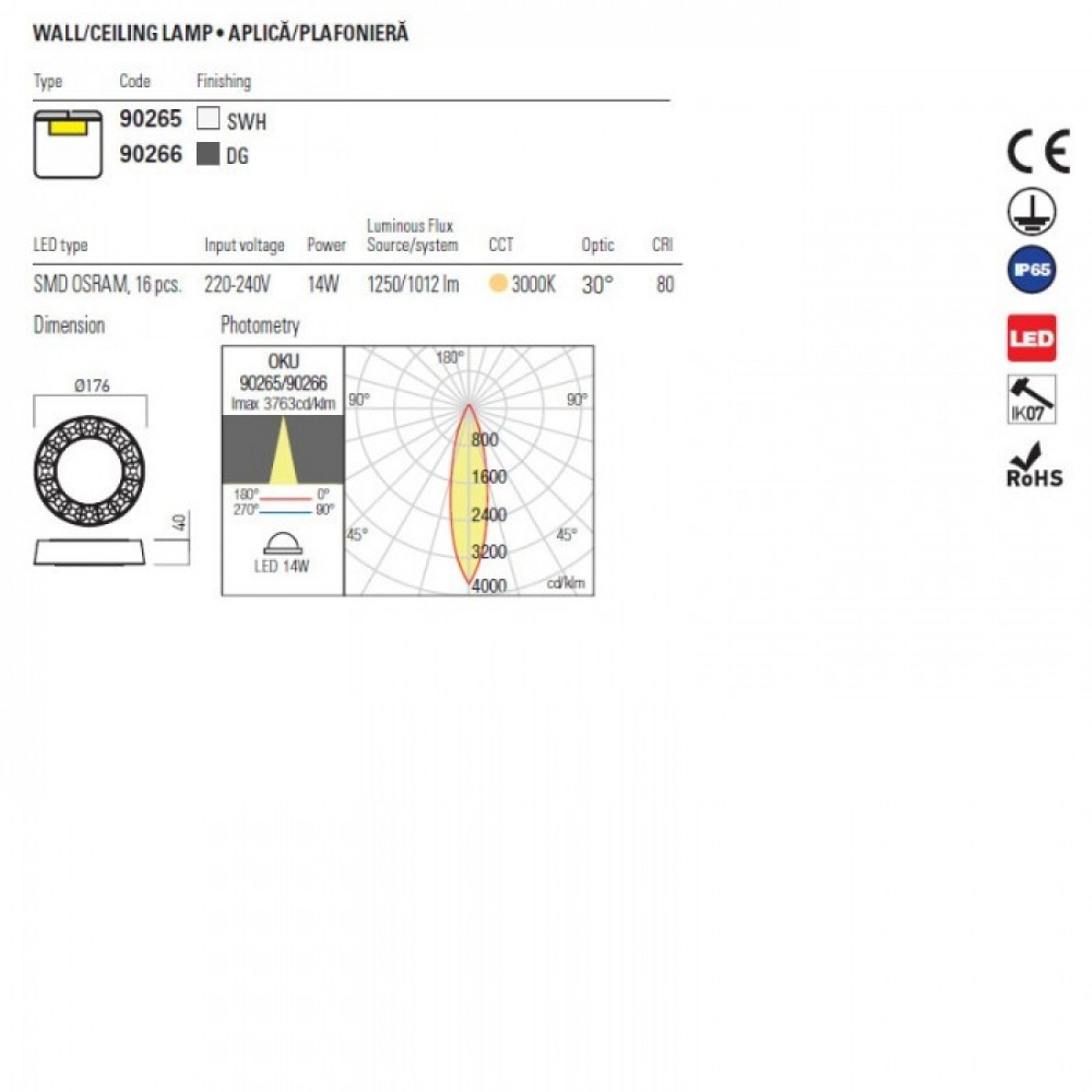 Ceiling lamp Redo Oku, metal, sand white, LED, 12W, 958 lumens, warm white 3000K, D.18 cm, IP65