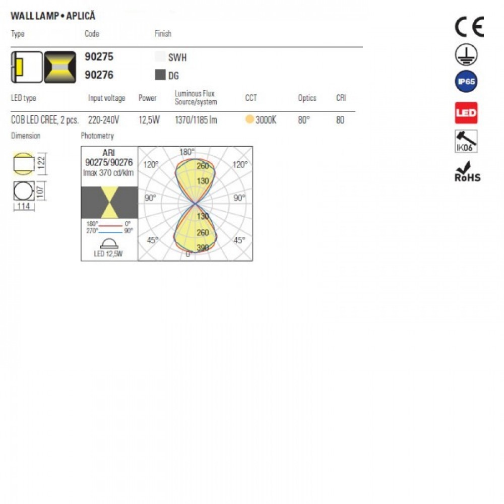 Wall lamp Redo Ari, metal, grey, LED, 12.5W, 1185 lumeni, warm white 3000K, IP65