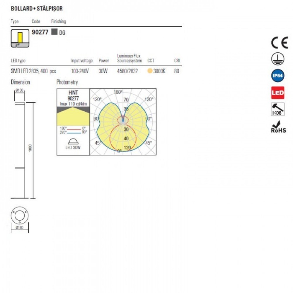 Bollard Redo Hint, metal, dark grey, LED, 30W, 2832 lumens, warm white 3000K, H.100 cm