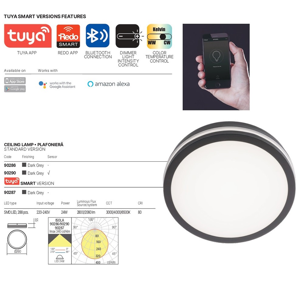 Ceiling lamp Redo Isola, metal, dark grey, CCT, LED, 24W, 2060 lumens, 3000K-6500K, D.26 cm, IP54