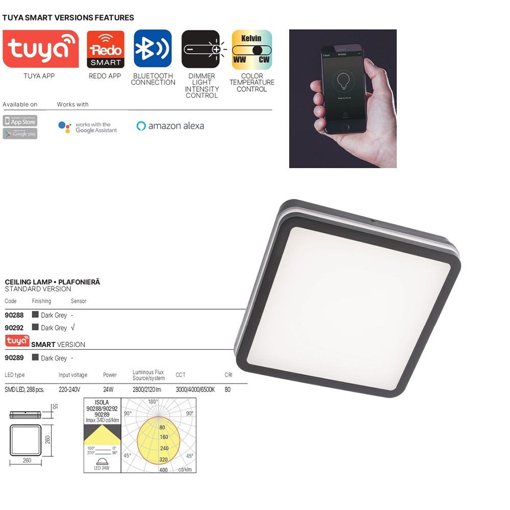 Ceiling lamp Redo Isola, metal, dark grey, CCT, LED, 24W, 2120 lumens, 3000K-6500K, L.26 cm, IP54