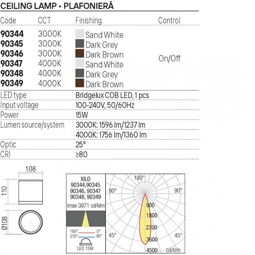 Ceiling lamp Redo Xilo, metal, dark grey, LED, 15W, 1360 lumens, neutral white 4000K, D.11 cm, IP54