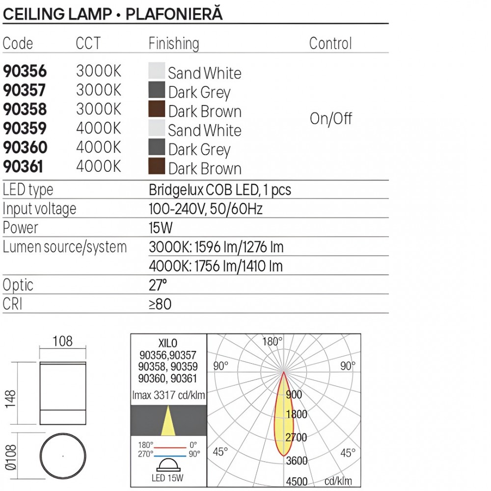 Ceiling lamp Redo Xilo, metal, dark brown, LED, 15W, 1276 lumens, warm white 3000K, D.11 cm, IP54