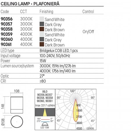 Ceiling lamp Redo Xilo, metal, dark brown, LED, 15W, 1276 lumens, warm white 3000K, D.11 cm, IP54