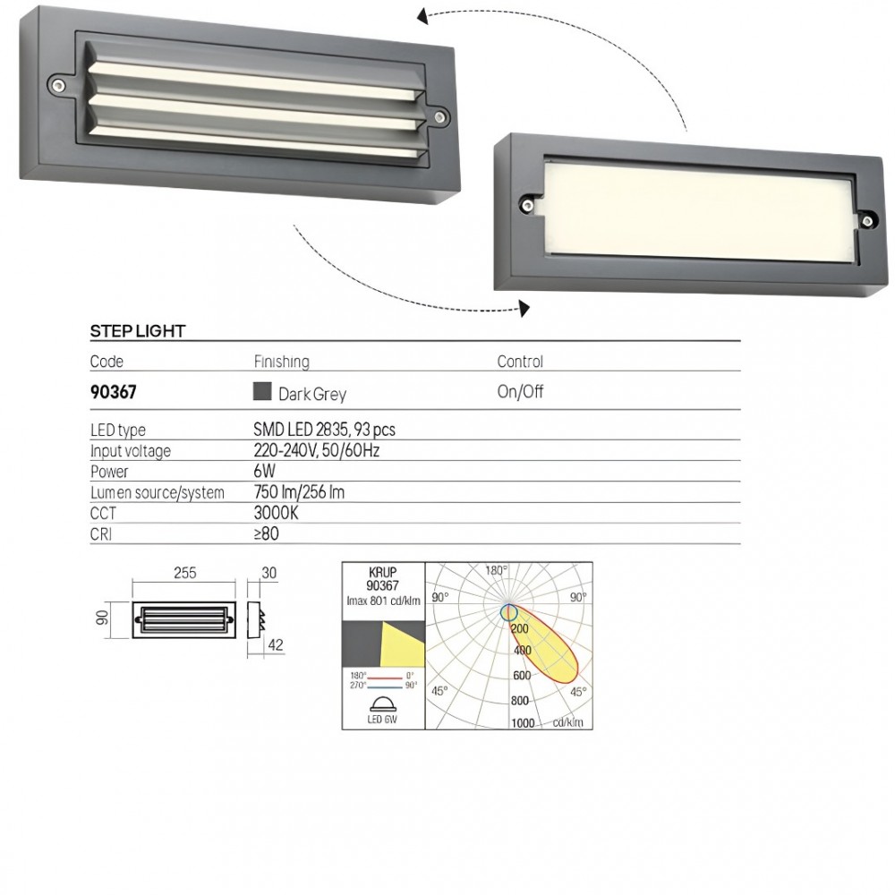 Step light Redo Krup, metal, dark grey, LED, 6W, 256 lumens, warm white 3000K, L.25 cm, IP65