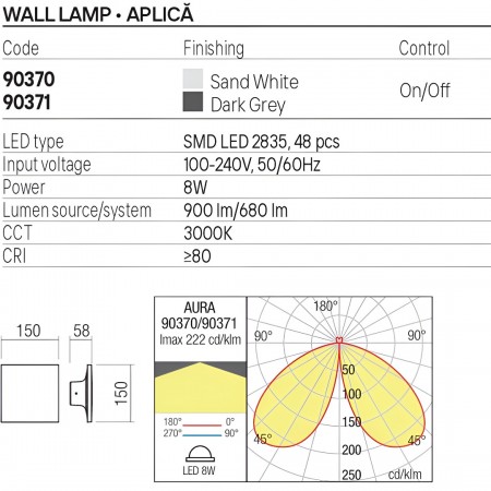 Wall lamp Redo Aura, metal, sand white, LED, 8W, 680 lumens, warm white 3000K, H.15 cm, IP65