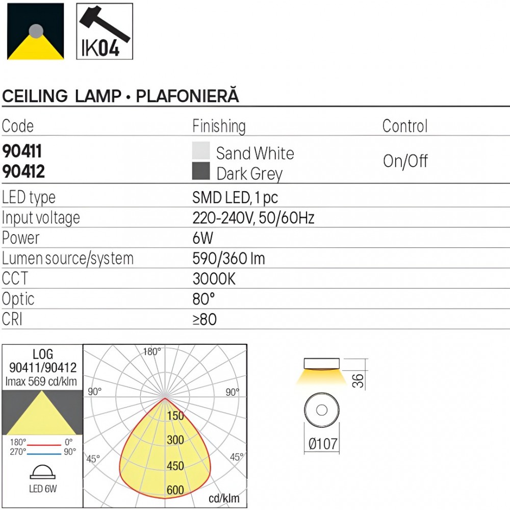Ceiling lamp Redo Log, metal, dark grey, LED, 6W, 360 lumens, warm white 3000K, D.11 cm, IP65