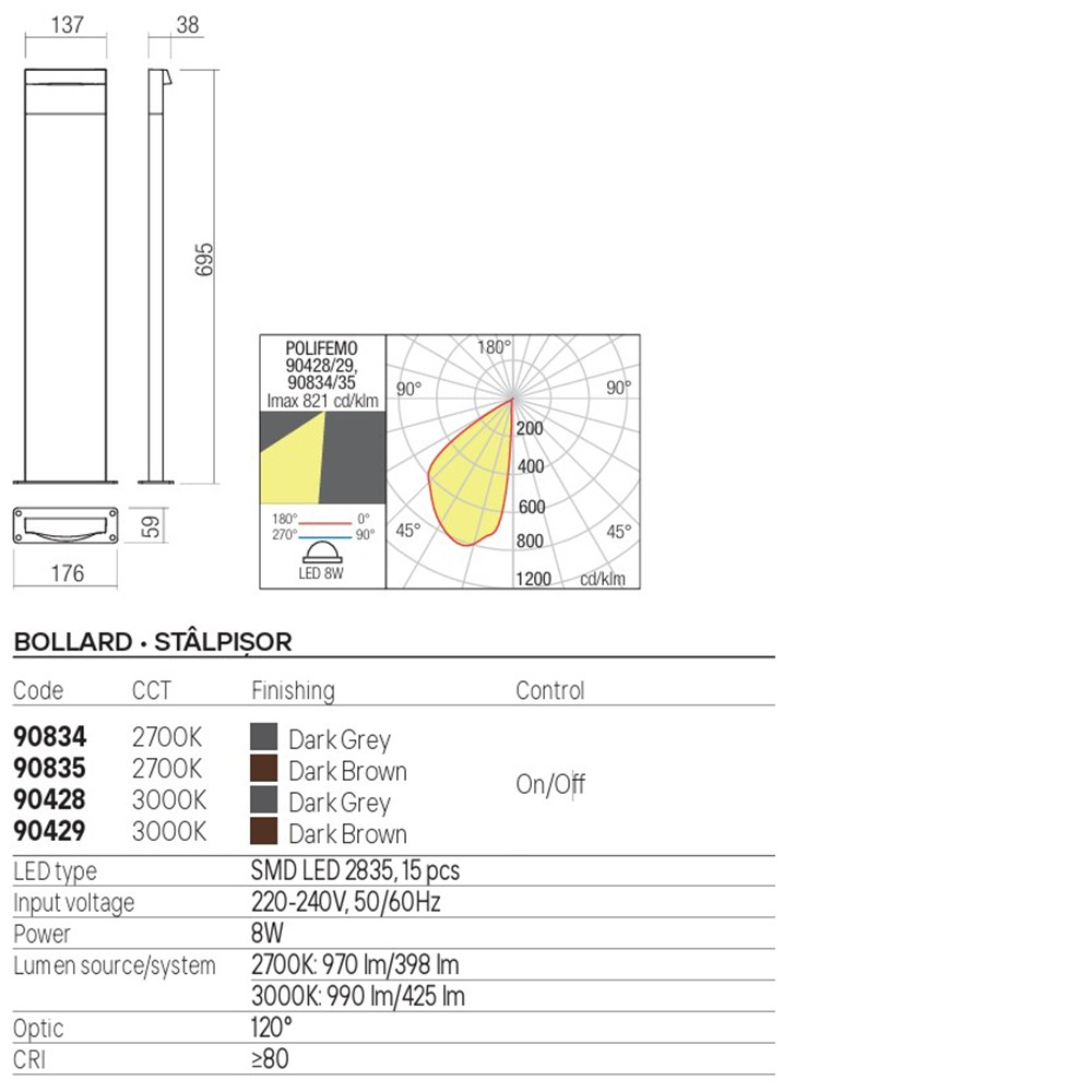 Bollard Redo Polifemo, metal, dark grey, LED, 8W, 425 lumens, warm white 3000K, H.69 cm, IP65
