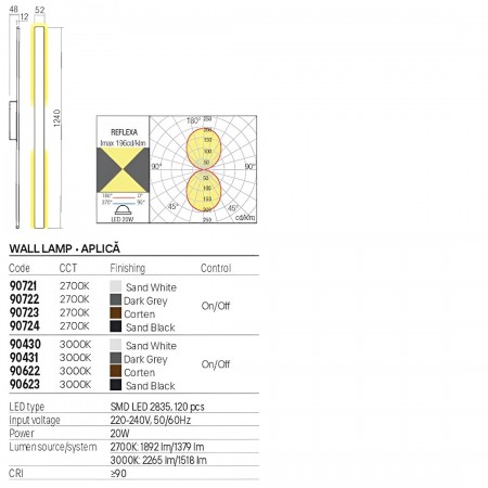 Wall lamp Redo Reflexa, metal, dark grey, LED, 20W, 1518 lumens, warm white 3000K, H.124 cm, IP54