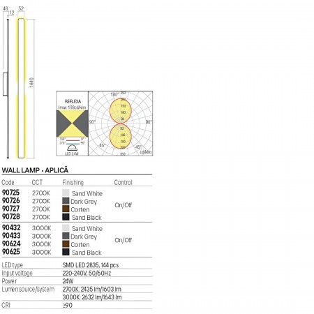 Wall lamp Redo Reflexa, metal, dark grey, LED, 24W, 1643 lumens, warm white 3000K, H.144 cm, IP54