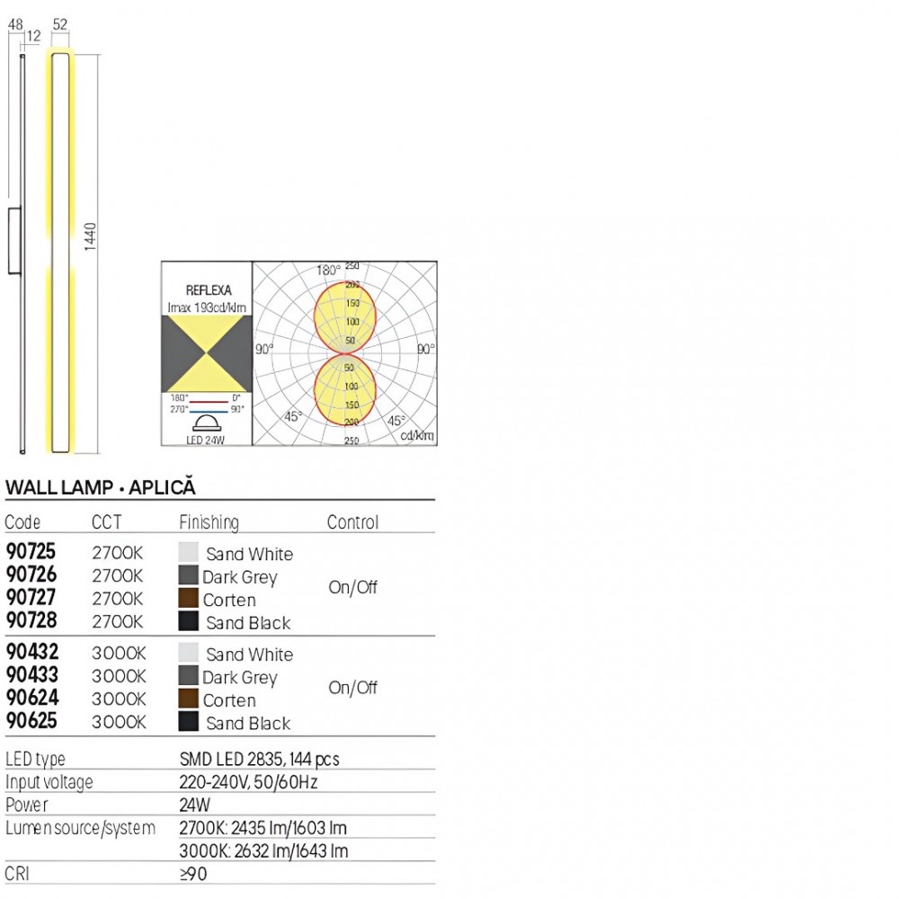 Wall lamp Redo Reflexa, metal, sand black, LED, 24W, 1643 lumens, warm white 3000K, H.144 cm, IP54