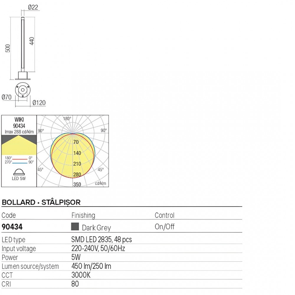 Bollard Redo Wiki, metal, dark grey, LED, 5W, 250 lumens, warm white 3000K, H.44 cm, IP65