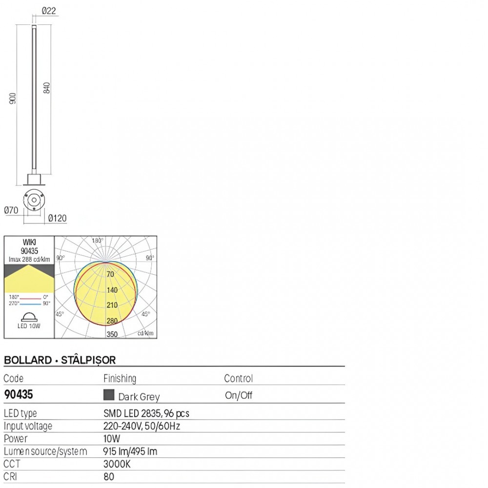 Bollard Redo Wiki, metal, dark grey, LED, 10W, 495 lumens, warm white 3000K, H.90 cm, IP65