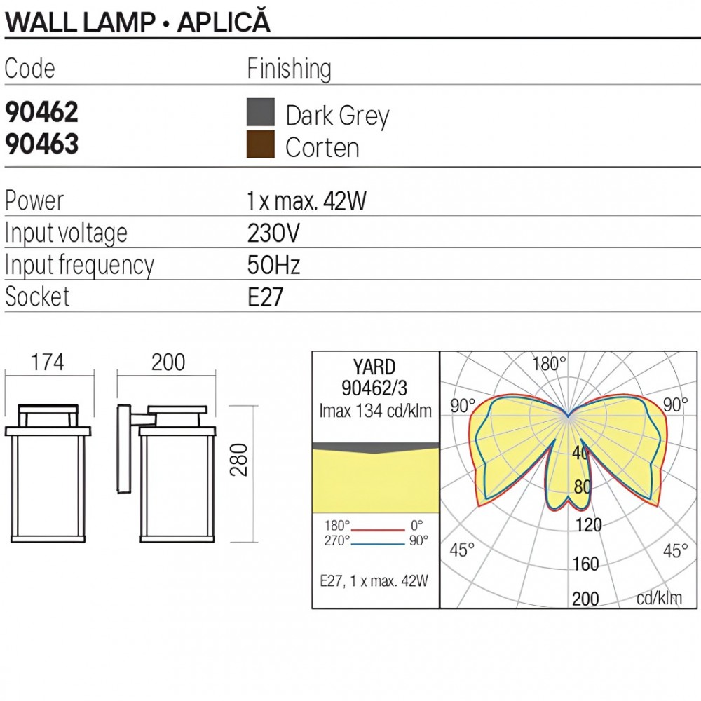 Wall lamp Redo Yard, metal, glass, dark grey, 1XE27, H.28 cm, IP44