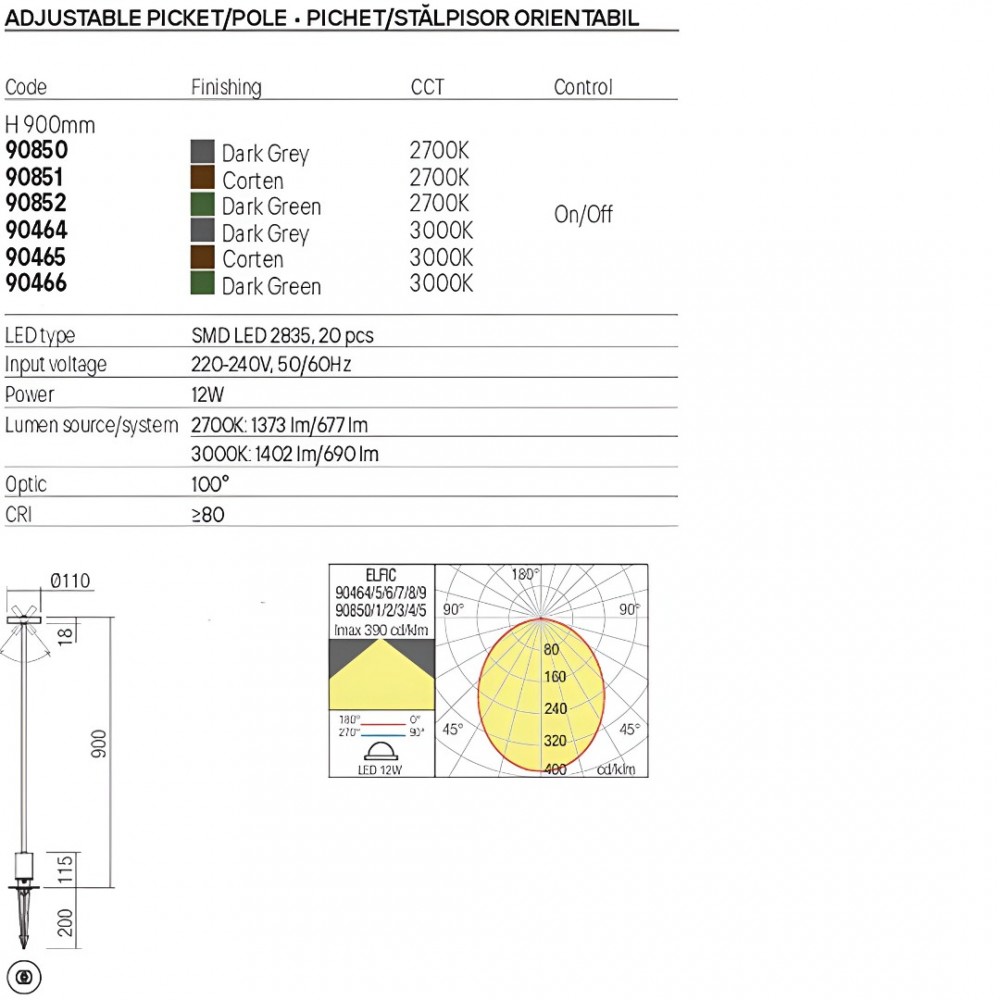 Outdoor picket Redo Elfic, metal, dark green, LED, 12W, 690 lumens, warm white 3000K, H.90 cm, IP54