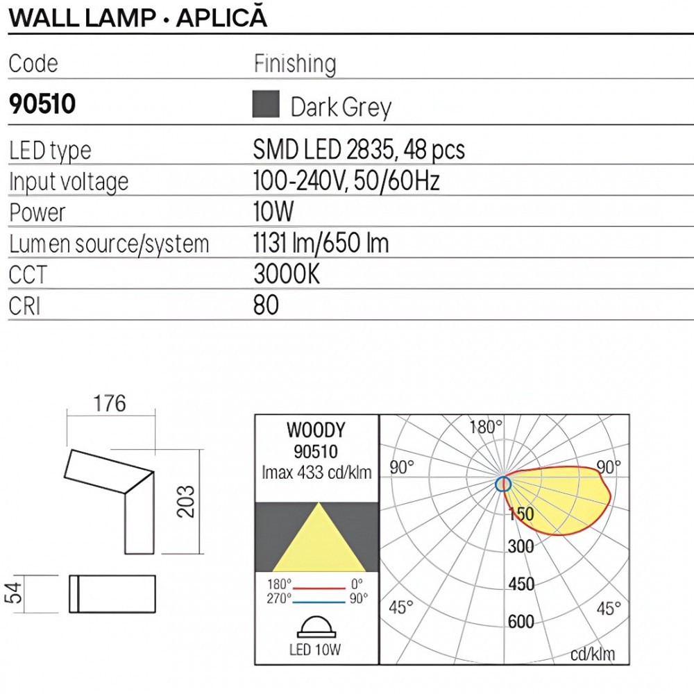 Wall lamp Redo Woody, metal, dark grey, LED, 10W, 650 lumens, warm white 3000K, H.20 cm, IP54
