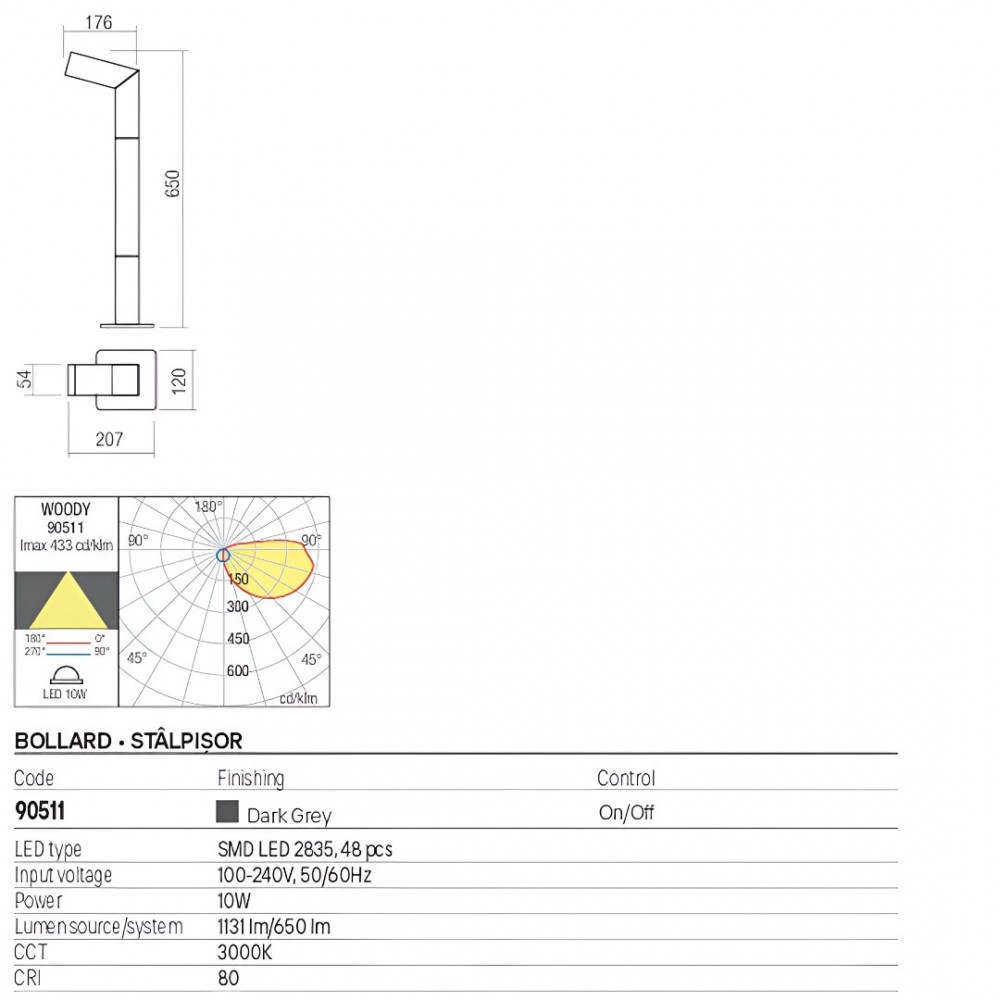 Bollard Redo Woody, metal, dark grey, LED, 10W, 650 lumens, warm white 3000K, H.65 cm, IP54