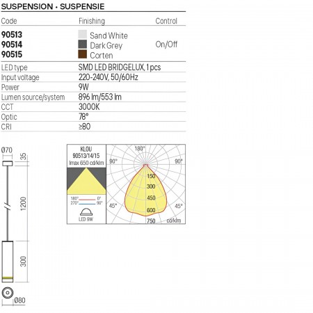 Pendant lamp Redo Klou, metal, corten, LED, 9W, 553 lumens, warm white 3000K, D.8 cm, IP54