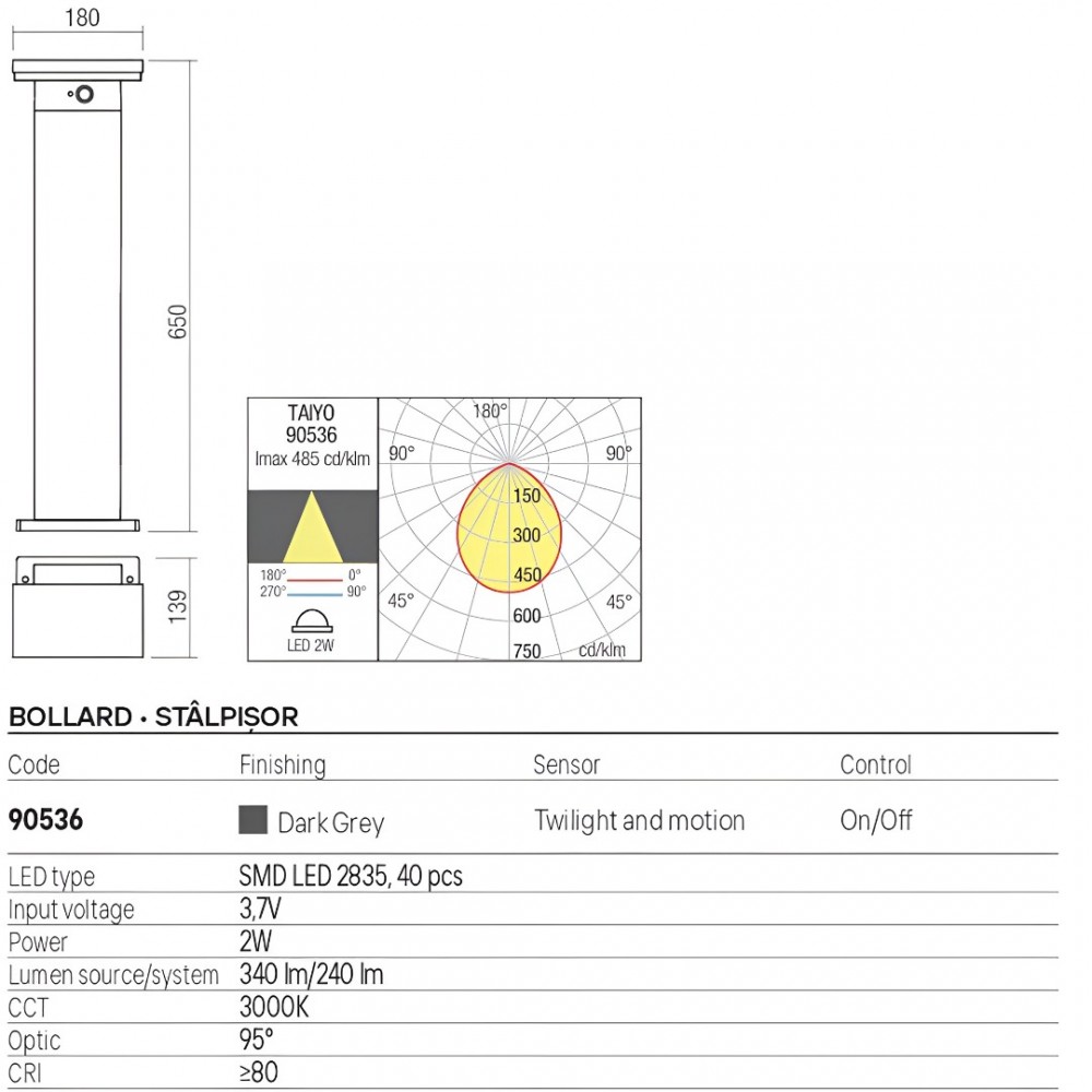 Bollard Redo Taiyo, metal, dark grey, LED, 2W, 240 lumens, warm white 3000K, H.65 cm, IP54