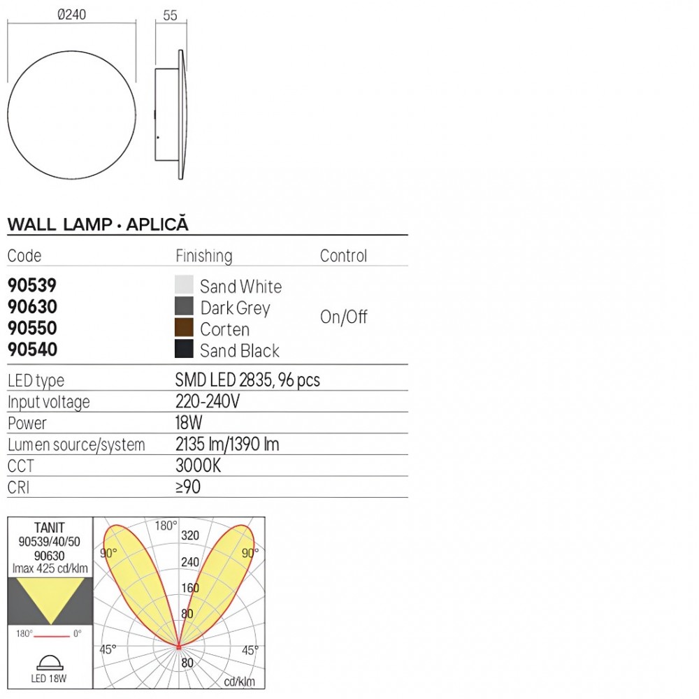 Wall lamp Redo Tanit, metal, dark grey, LED, 18W, 1390 lumens, warm white 3000K, D.24 cm, IP54
