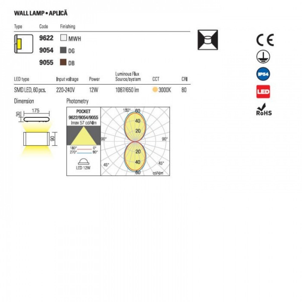 Wall lamp Redo Klippe, metal, dark grey, LED, 13W, 750 lumens, warm white 3000K, IP54