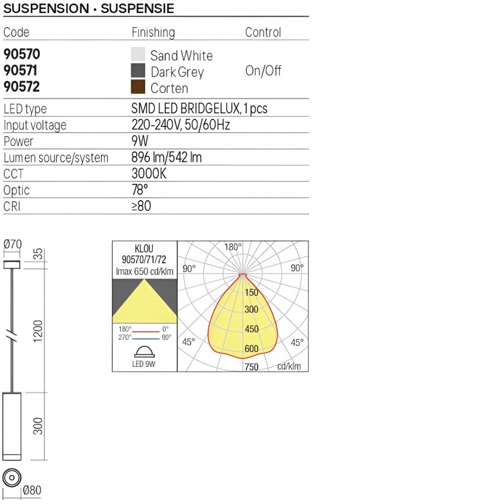 Pendant lamp Redo Klou, metal, corten, LED, 9W, 542 lumens, warm white 3000K, D.8 cm, IP54