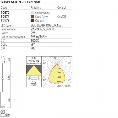 Pendant lamp Redo Klou, metal, corten, LED, 9W, 542 lumens, warm white 3000K, D.8 cm, IP54