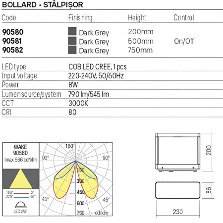 Bollard Redo Wake, metal, dark grey, LED, 8W, 545 lumens, warm white 3000K, H.20 cm, IP65