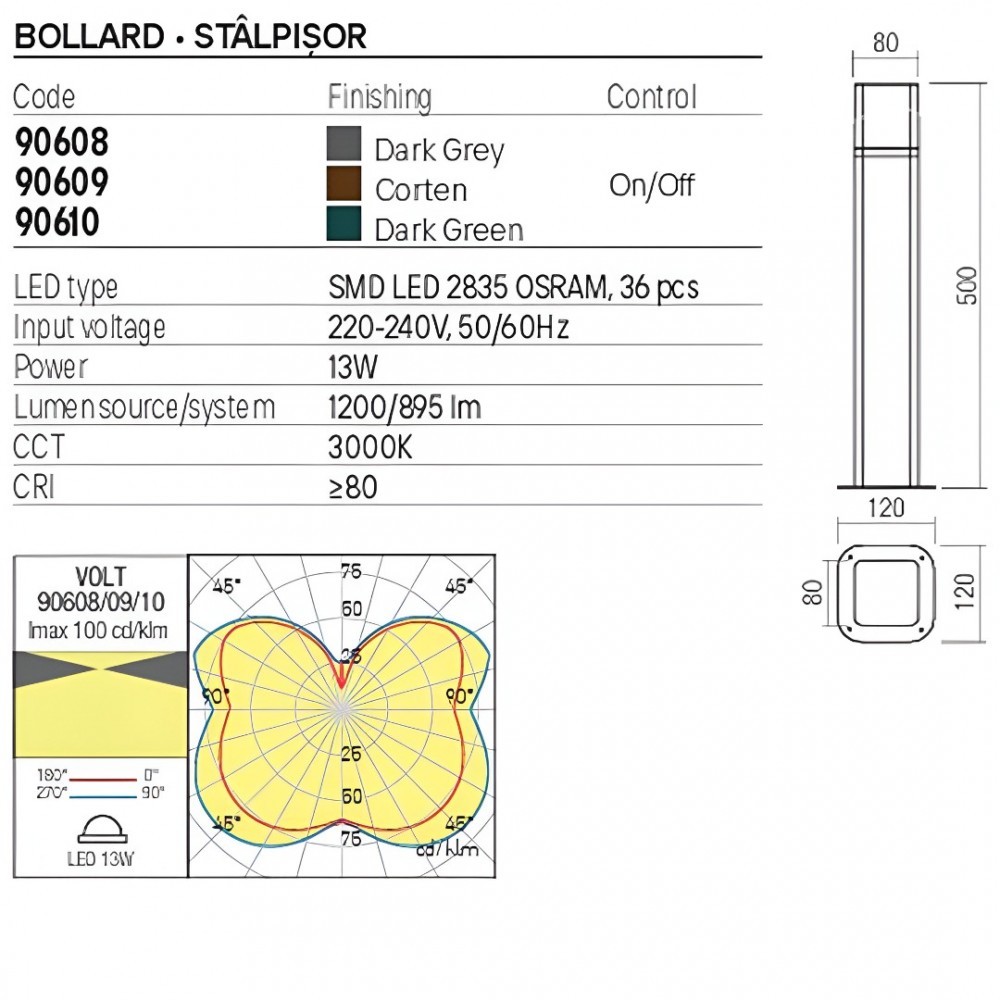 Bollard Redo Volt, metal, dark green, LED, 13W, 895 lumens, warm white 3000K, H.50 cm, IP54