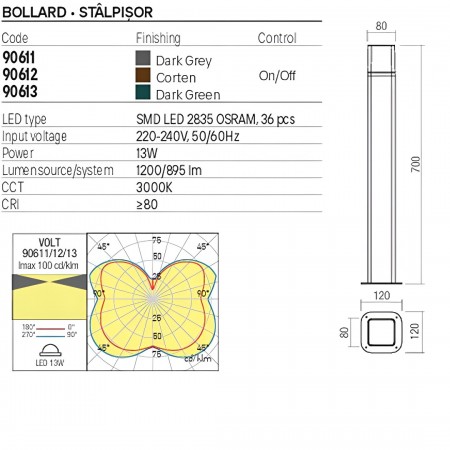 Bollard Redo Volt, metal, dark grey, LED, 13W, 895 lumens, warm white 3000K, H.70 cm, IP54