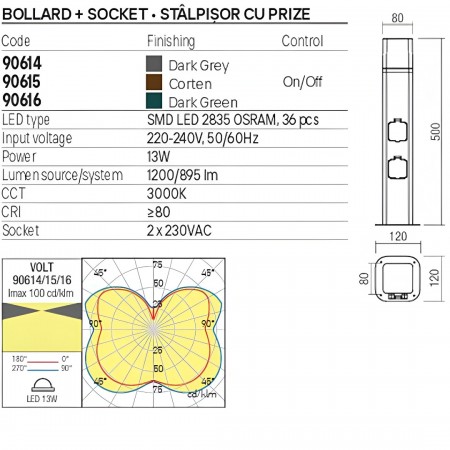 Bollard Redo Volt, metal, corten, 2 power sockets, LED, 13W, 895 lumens, warm white 3000K, H.50 cm, IP54