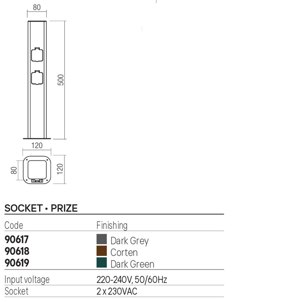 Bollard Redo Volt, metal, dark green, 2 power sockets, H.50 cm, IP54