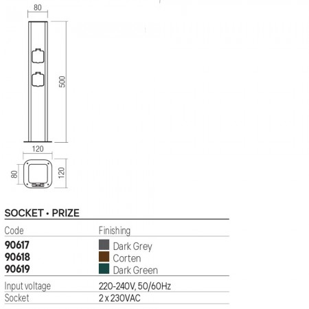 Bollard Redo Volt, metal, dark green, 2 power sockets, H.50 cm, IP54