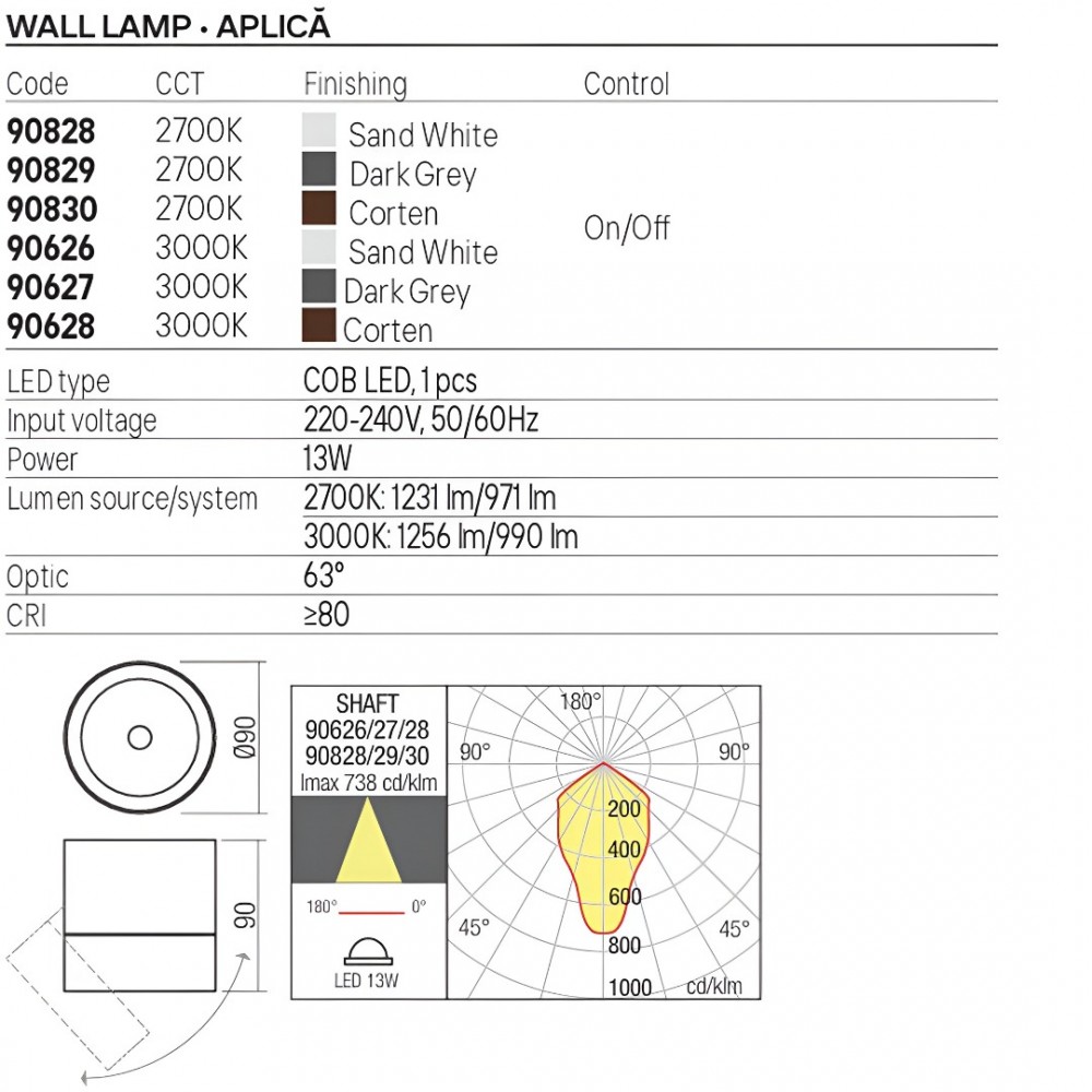 Ceiling lamp Redo Shaft, metal, corten, LED, 13W, 990 lumens, warm white 3000K, D.9 cm, IP65