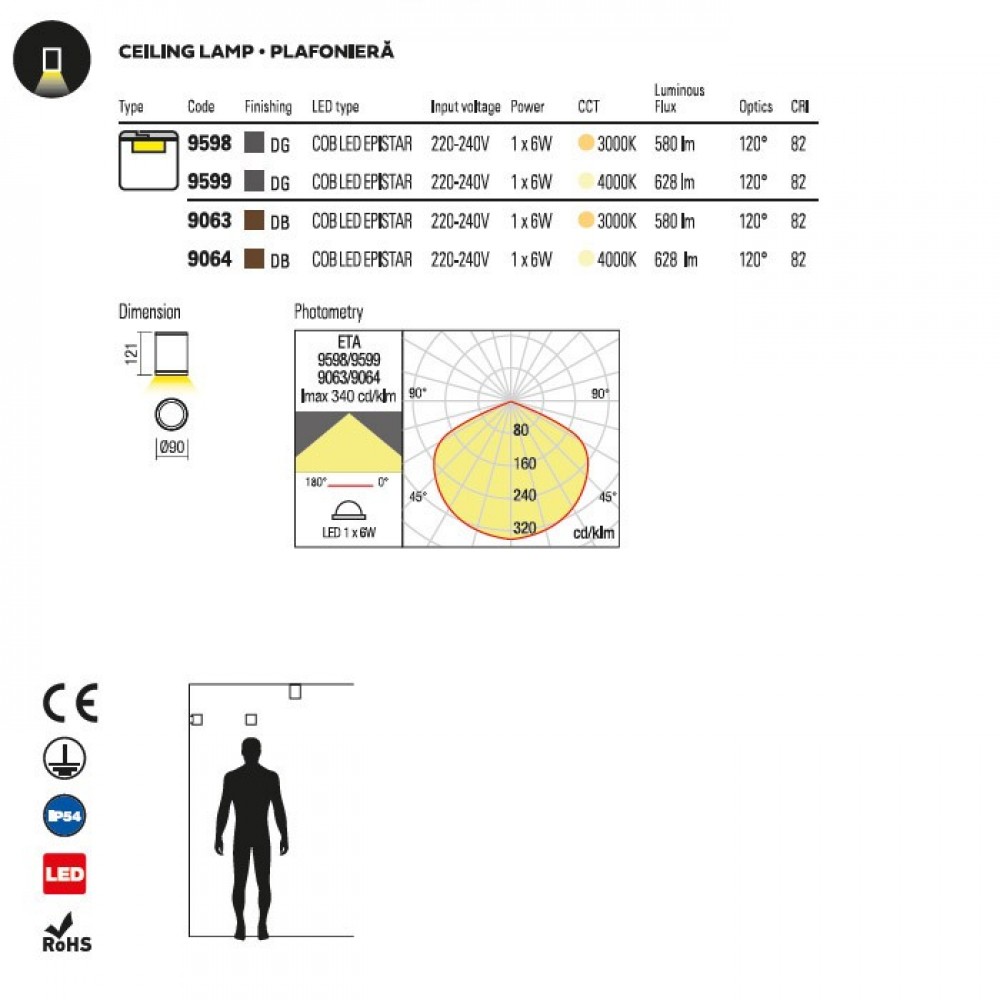 Ceiling lamp Redo Eta, metal, dark brown, LED, 6W, 540 lumens, neutral white 4000K, D.9 cm, IP54