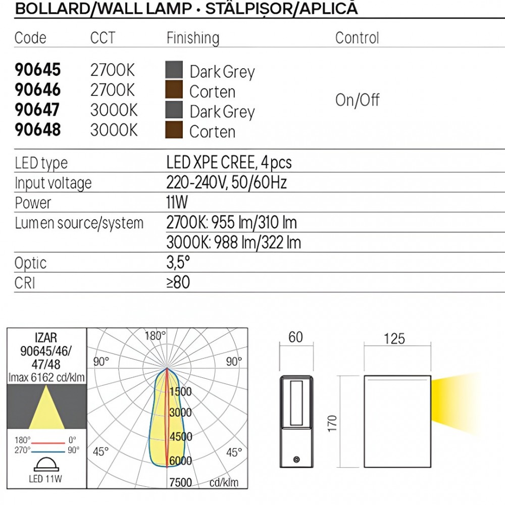 Bollard Redo Izar, metal, dark grey, LED, 11W, 322 lumens, warm white 3000K, H.17 cm, IP65