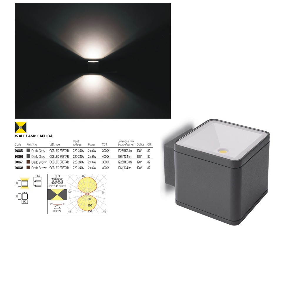 Wall lamp Redo Beta, metal, dark grey, LED, 2X6W, 1134 lumens, neutral white 4000K, IP54