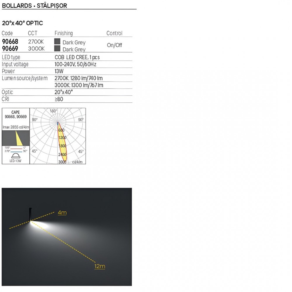 Bollard Redo Cape, metal, dark grey, LED, 13W, 767 lumens, warm white 3000K, H.90 cm, IP65