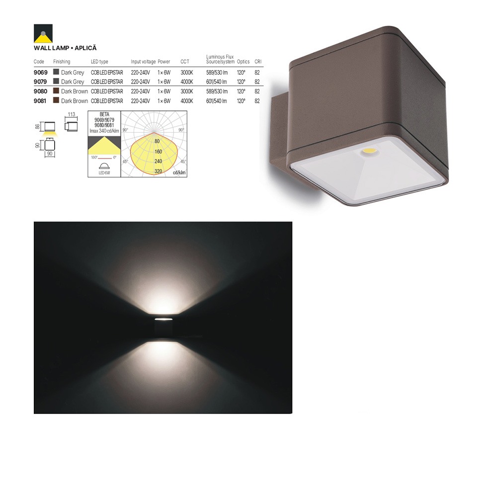 Wall lamp Redo Beta, metal, dark brown, LED, 2X6W, 1103 lumens, warm white 3000K, IP54