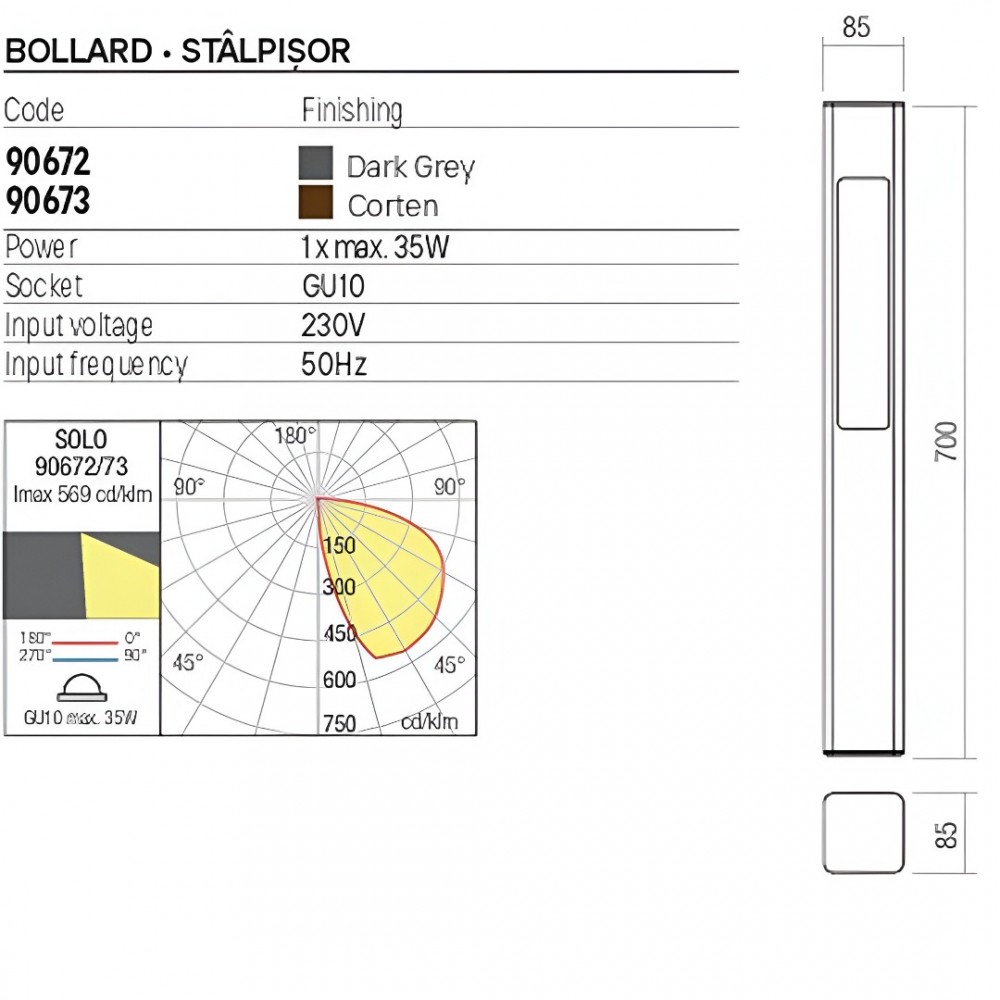 Bollard Redo Solo, metal, corten, 1XGU10, H.70 cm, IP65
