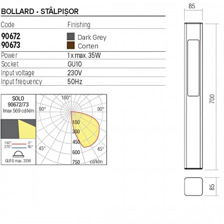 Bollard Redo Solo, metal, corten, 1XGU10, H.70 cm, IP65