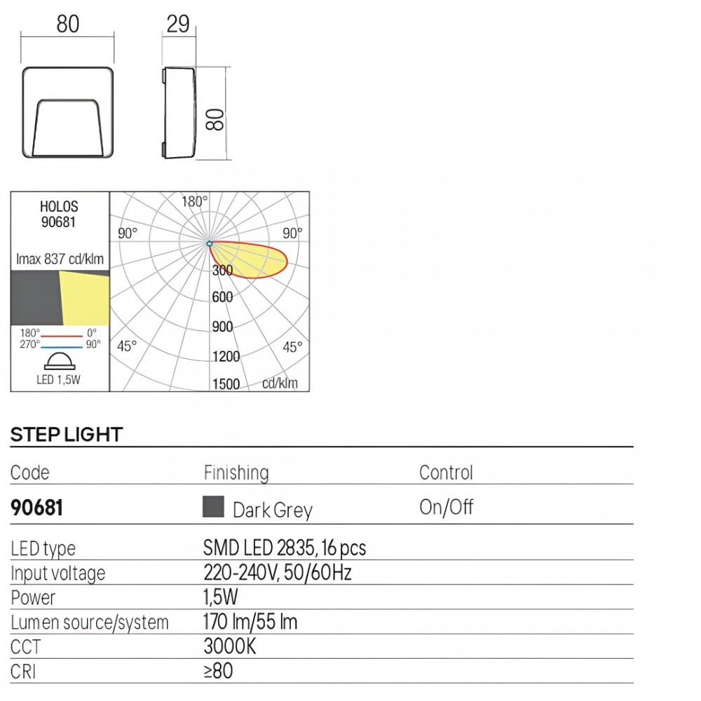 Step light Redo Holos, metal, dark grey, LED, 1,5W, 55 lumens, warm white 3000K, L.8 cm, IP65