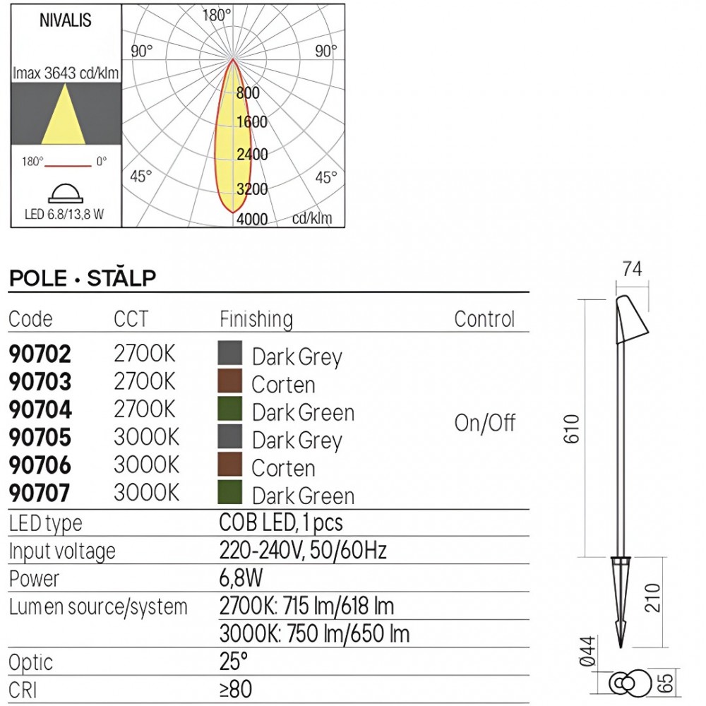 Picket Redo Nivalis, metal, corten, LED, 6,8W, 650 lumens, warm white 3000K, H.61 cm, IP65
