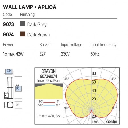 Wall lamp Redo Crayon, metal, polycarbonate, dark grey, 1XE27, H.25 cm, IP44