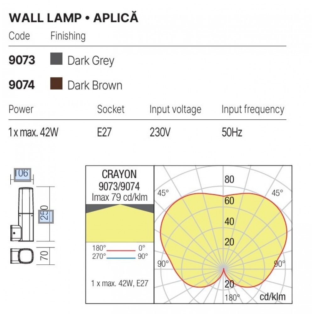 Wall lamp Redo Crayon, metal, polycarbonate, dark brown, 1XE27, H.25 cm, IP44